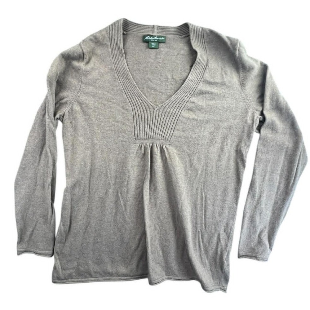 Eddie Bauer XXL Taupe Brown V-Neck Ribbed Pleated Knit Sweater Outdoor Gorpcore